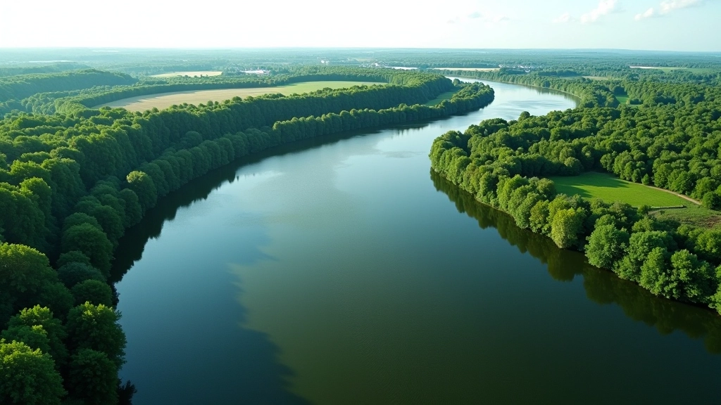 Nemuno upė iš aukštesnio taško, didžiulė dalykų erdvė, lengvas šlaitas žemyn